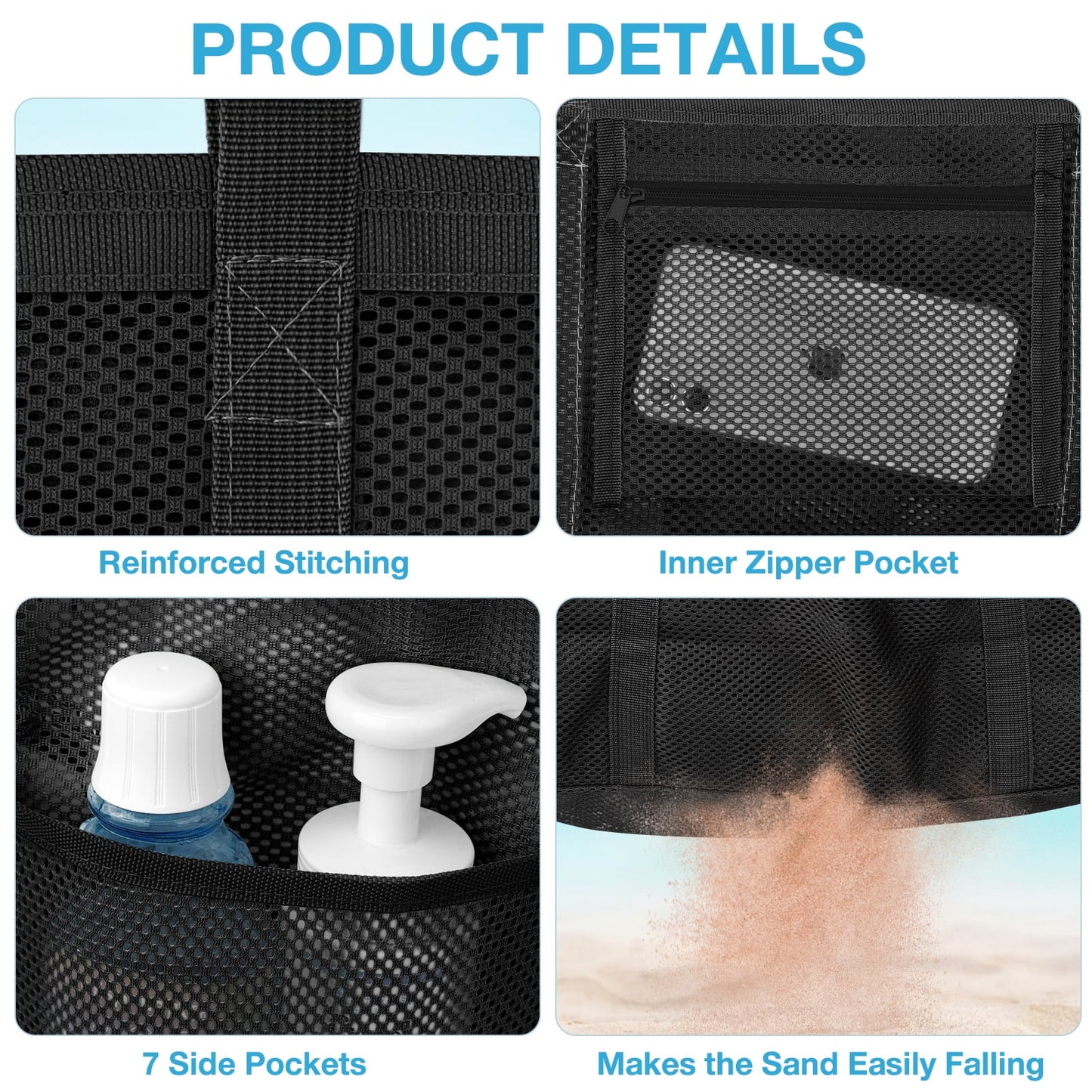 Stylish and Spacious Mesh Beach Bag with Rope Handles - Oversized Tote for All Your Essentials, Featuring 9 Convenient Pockets in Classic Black