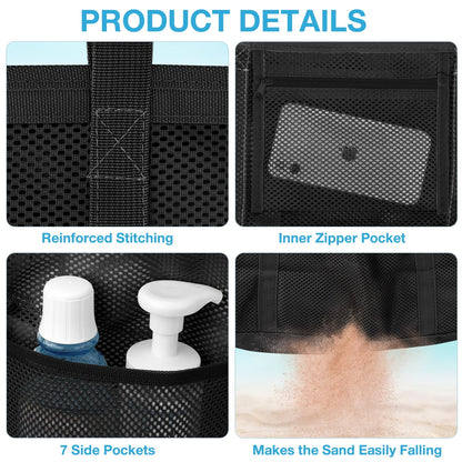 Stylish and Spacious Mesh Beach Bag with Rope Handles - Oversized Tote for All Your Essentials, Featuring 9 Convenient Pockets in Classic Black