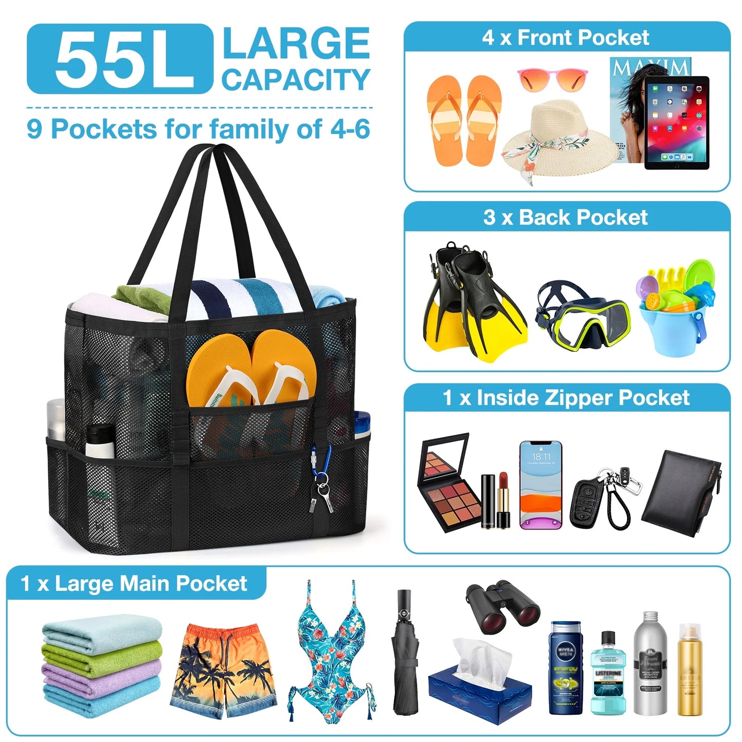 Stylish and Spacious Mesh Beach Bag with Rope Handles - Oversized Tote for All Your Essentials, Featuring 9 Convenient Pockets in Classic Black