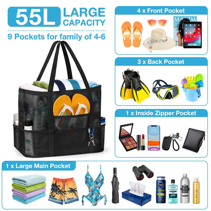Stylish and Spacious Mesh Beach Bag with Rope Handles - Oversized Tote for All Your Essentials, Featuring 9 Convenient Pockets in Classic Black