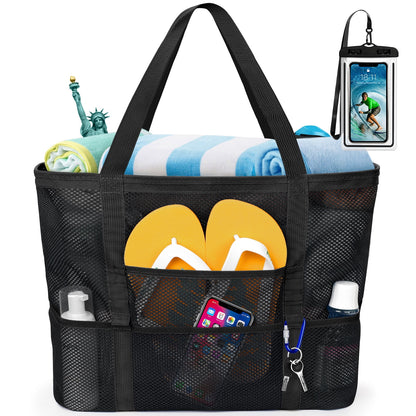Stylish and Spacious Mesh Beach Bag with Rope Handles - Oversized Tote for All Your Essentials, Featuring 9 Convenient Pockets in Classic Black