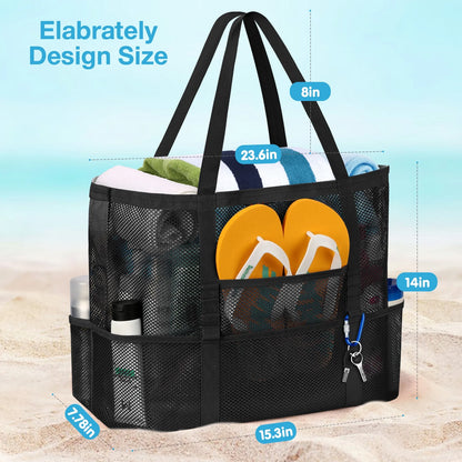 Stylish and Spacious Mesh Beach Bag with Rope Handles - Oversized Tote for All Your Essentials, Featuring 9 Convenient Pockets in Classic Black
