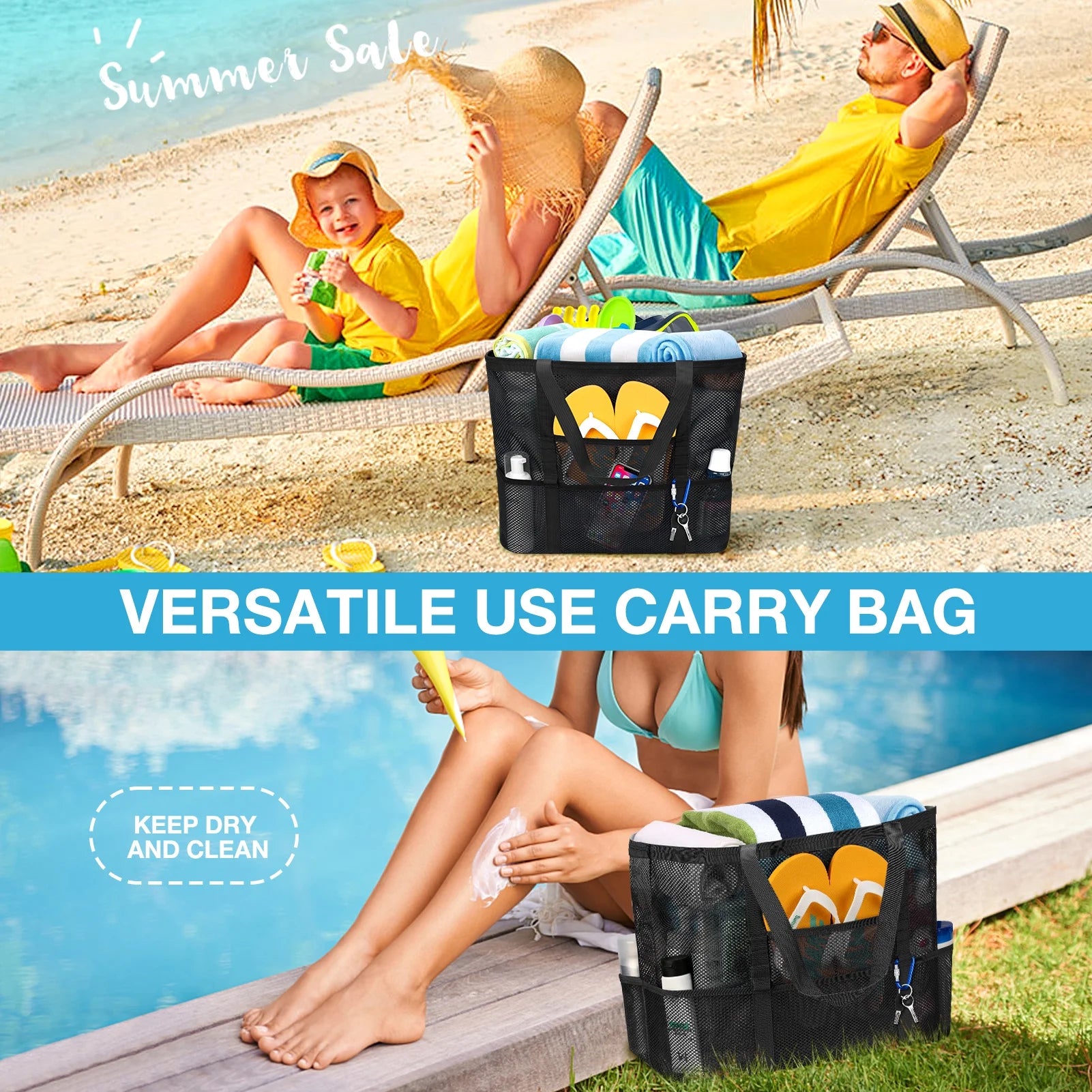 Stylish and Spacious Mesh Beach Bag with Rope Handles - Oversized Tote for All Your Essentials, Featuring 9 Convenient Pockets in Classic Black